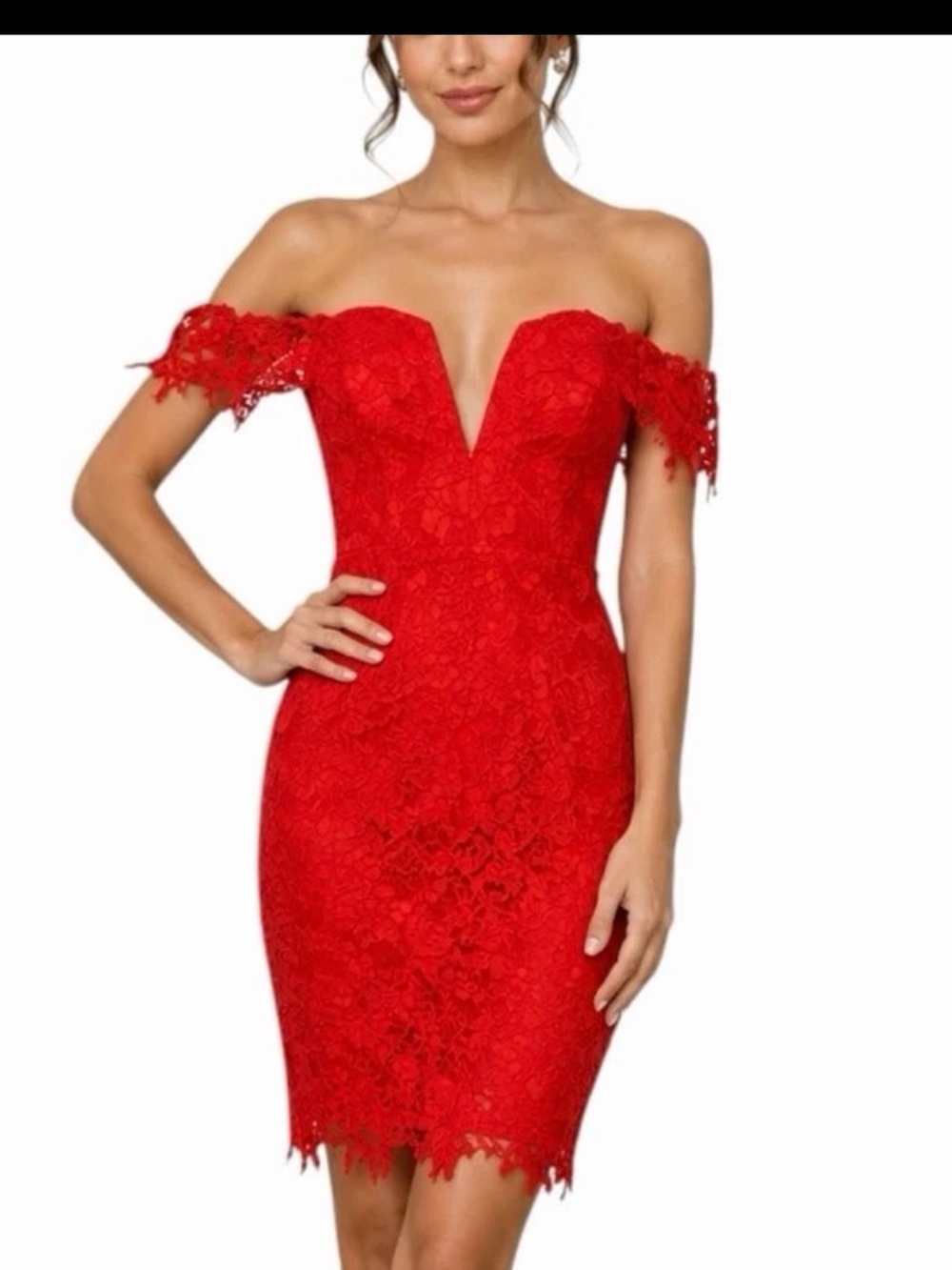 Off-Shoulder Red Lace Cocktail Dress Black Tie Wedding XS